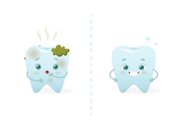 Dental problem and tooth hygiene Cartoon mascot of dirty tooth vs clean white tooth