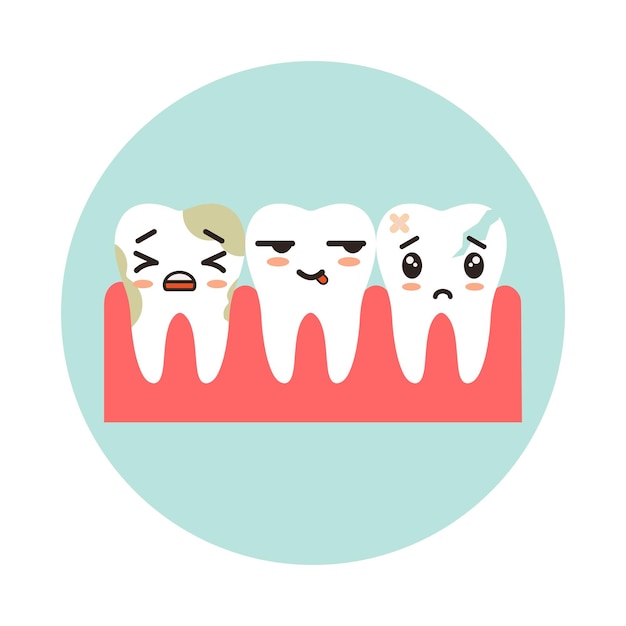 Dental row with dirty healthy and cracked teeth teeth with kawaii emotion