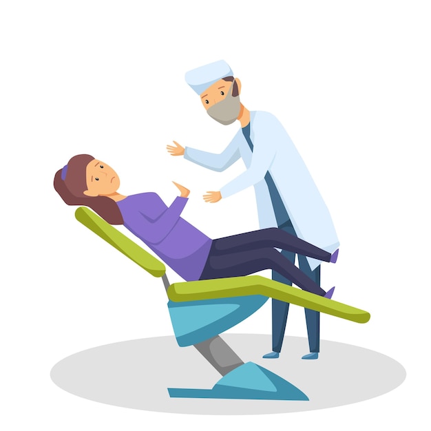 Vector dental scene with a patient in a medical chair dentist treats teeth vector cartoon illustration