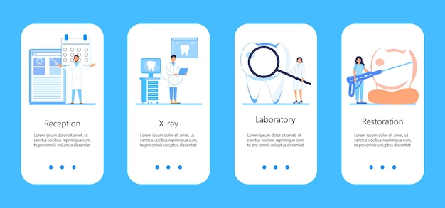 Concetto di vettore di servizi odontoiatrici per storie sociali di app piccoli dentisti eseguono la scansione a raggi x dei denti sbiancare lo smalto o il concetto di impianto di recupero