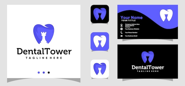 Стоматологическая башня дизайн логотипа негативного пространства и шаблон визитной карточки
