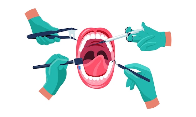 치과 치료 치과 의사는 환자 입 구강 관리 개념 벡터 만화 그림에서 작업하는 악기로 의료용 고무 장갑을 끼고 있습니다.