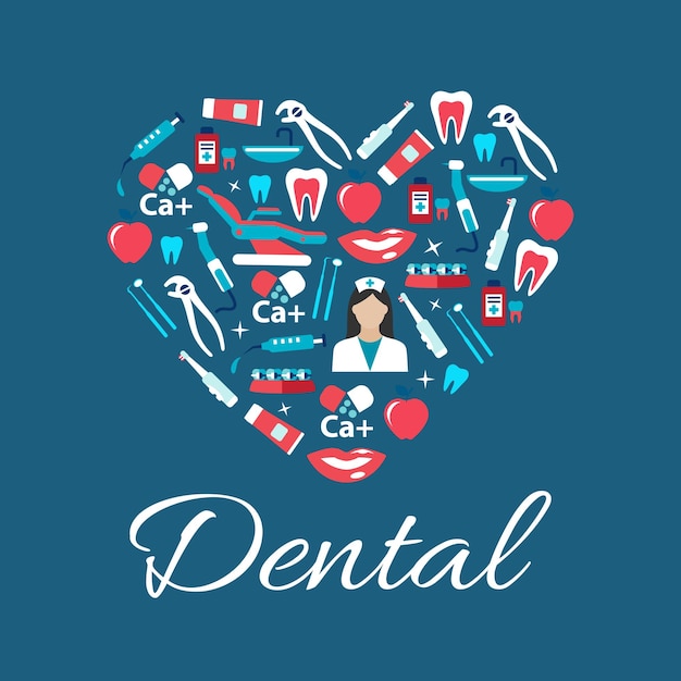 Icone piatte di trattamenti odontoiatrici a forma di cuore