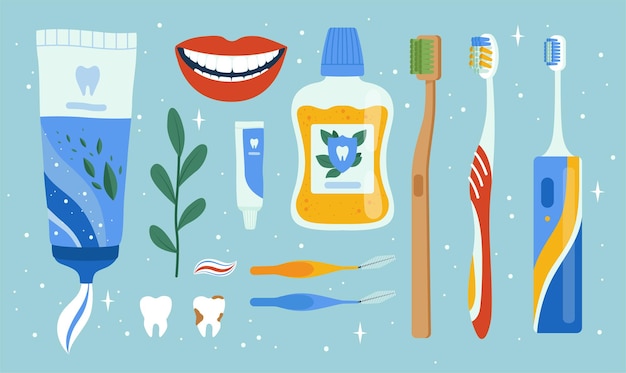 歯科医のアクセサリー。口腔歯科衛生用品口ブラシりんごクリーニングツール歯ベクトルセット。ケアときれいなイラストのための医療歯科医の機器