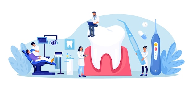 Vettore appuntamento dal dentista stomatologia check-up dentale procedure per la cura dei denti sbiancamento dei denti e pulizia professionale odontoiatria estetica medico dentista in uniforme che cura i denti utilizzando attrezzature mediche