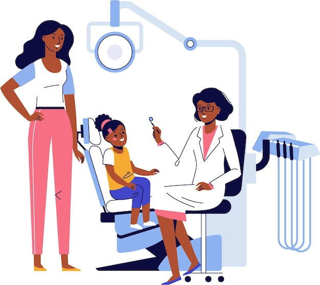 Vector dentist black woman and child with mother in dental office