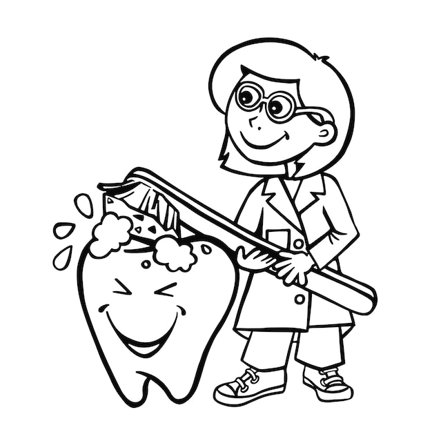 Vector dentist cleans a tooth with a toothbrush outline vector