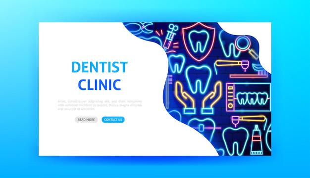 Illustrazione vettoriale della pagina di destinazione al neon della clinica del dentista della promozione della stomatologia