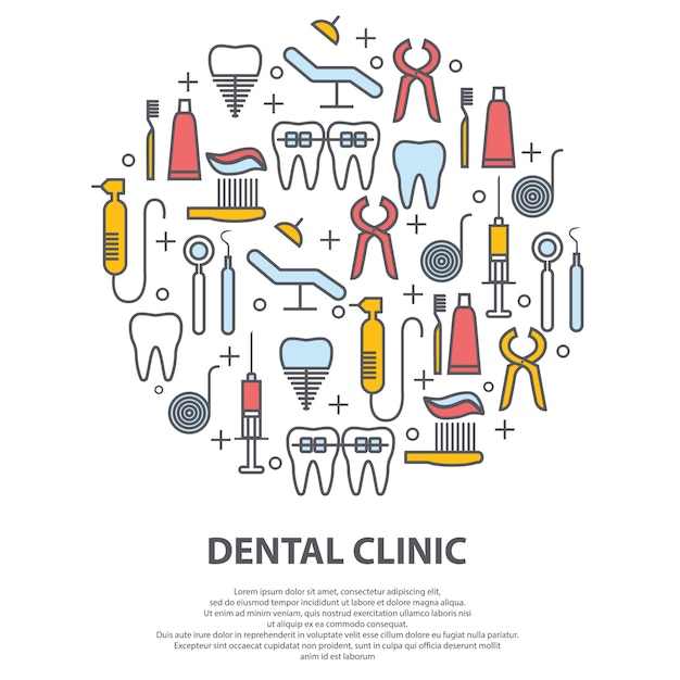 Dentist concept in circle with thin line icons