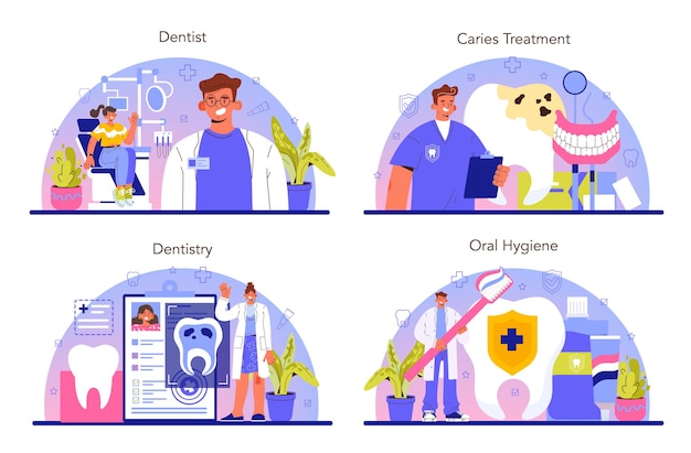 Vector dentist concept set dental doctor in uniform treating human teeth