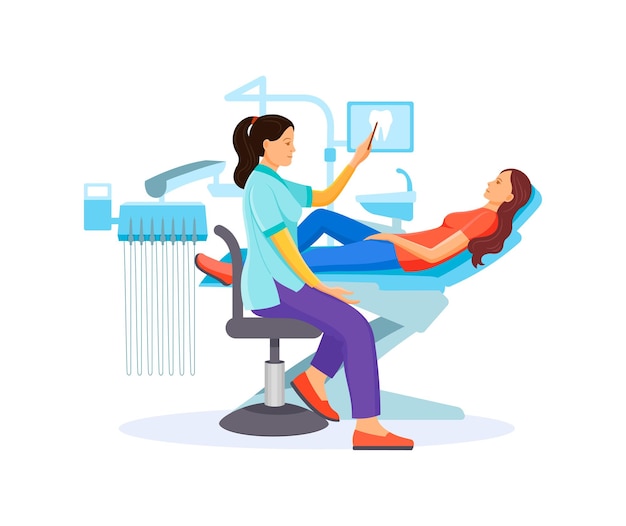 Vector dentist doctor examining patient girl lying at dentistry office chair vector