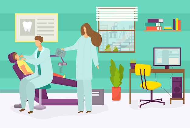 dentist doctor treat kid vector illustration dental clinic office with child patient character sit i...