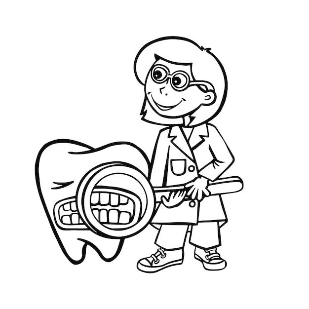 Dentist examines a tooth with a magnifying glass oral hygiene outline vector