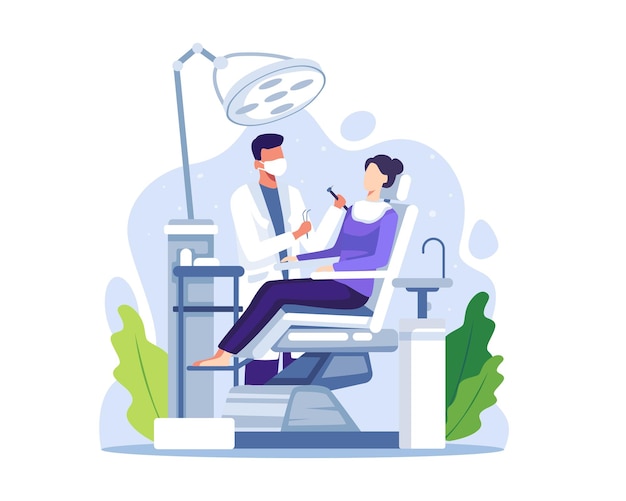 Vector dentist examining or treating patient teeth. dentist doctor examining female patient lying in chair. routine medical checkups. vector illustration in a flat style