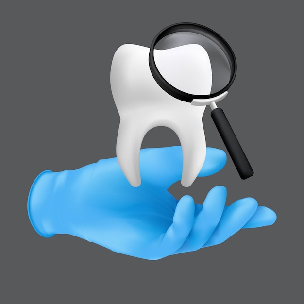 Dentist hand wearing blue protective surgical glove holding a ceramic model of the tooth.  realistic  illustration of dental regular checkups concept isolated on a grey background