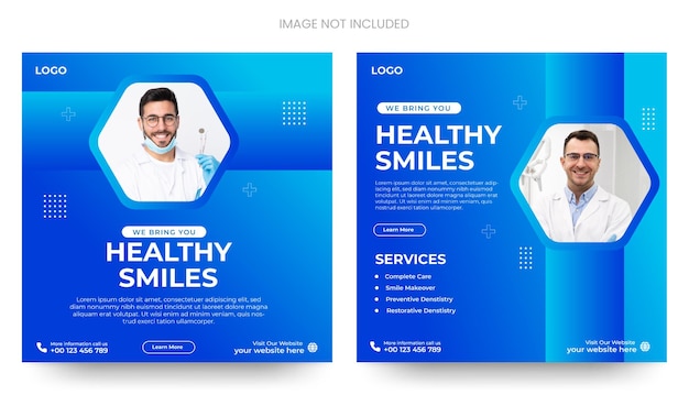 Banner di post sui social media per dentisti e assistenza sanitaria e design del modello di volantino quadrato di instagram