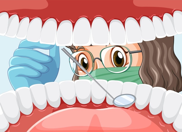 Dentist holding instruments examining patient teeth inside human