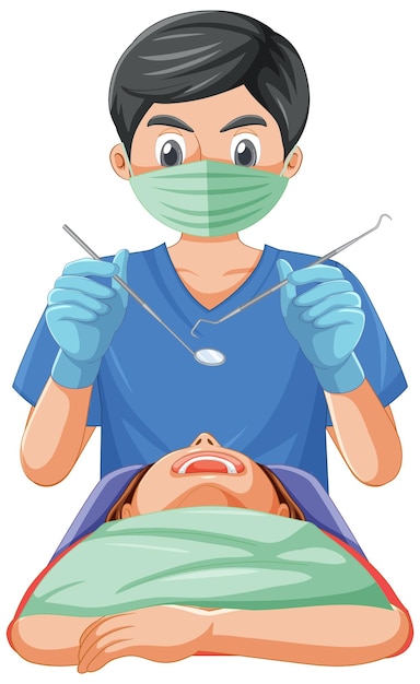 Vector dentist holding instruments examining patient teeth