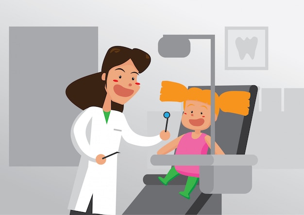 Vector dentist is examining a sick child patient in a hospital