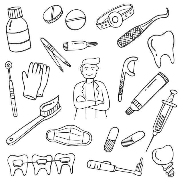 Dentist jobs or profession doodle hand drawn set collections with outline black and white style