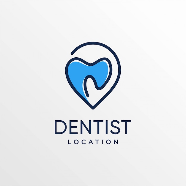 Logo di posizione del dentista con stile arte linea e modello di progettazione di biglietti da visita, denti, cura, posizione, mappe, punto, perno,