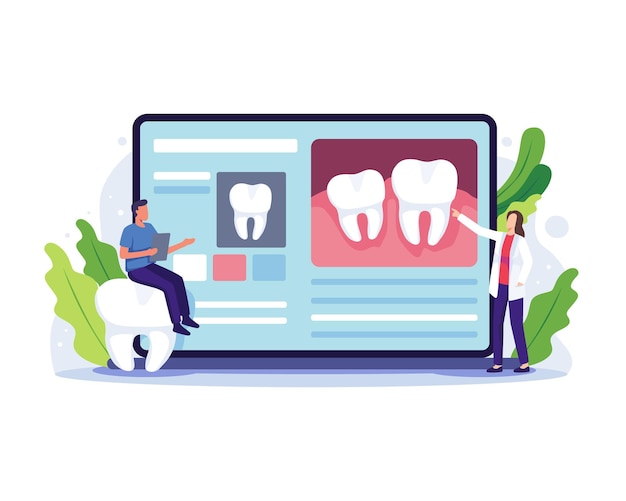 ベクトル 歯科医のオンライン相談の概念。歯科医のオンラインサービスとプラットフォーム、小さな人々がいる医療歯科医院。オンラインアポイントメント、デンタルケア。フラットスタイルのベクトル図