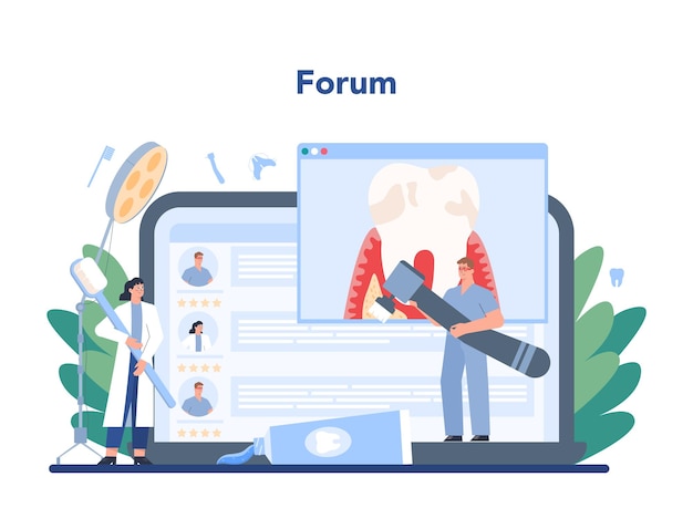 Онлайн-сервис или платформа стоматолога Стоматолог в униформе лечит человеческие зубы с помощью медицинского оборудования Идея ухода за зубами и полостью рта Интернет-форум Плоская векторная иллюстрация