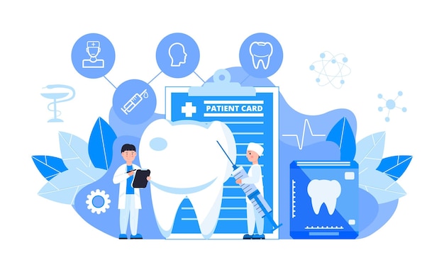 Dentist service vector concept for landing page tiny dentists make xray scan of teeth to help toothache to whiten enamel or recovery implant