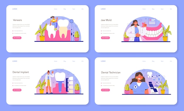 Вектор Веб-баннер стоматолога или набор целевой страницы. стоматологический врач в униформе