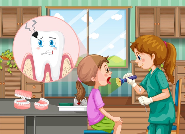 Donna del dentista che esamina i denti del paziente in clinica
