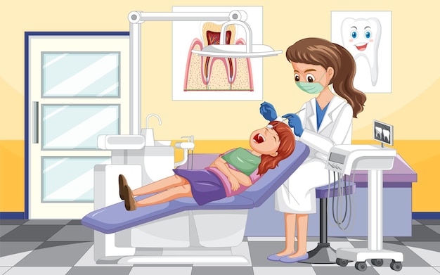 Vector dentist woman examining patient teeth in clinic