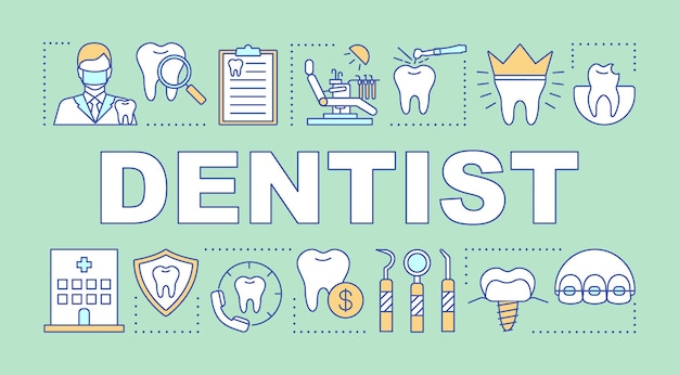 Dentist word concepts banner. Dental office, caries prevention, dentistry, check up, tooth care. Presentation, website. Isolated lettering typography idea with linear icon. Vector outline illustration