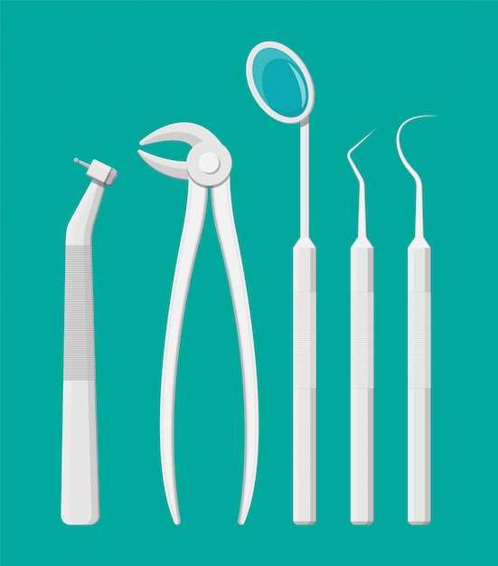 Vector dentist work tools. tooth healthcare equipment set