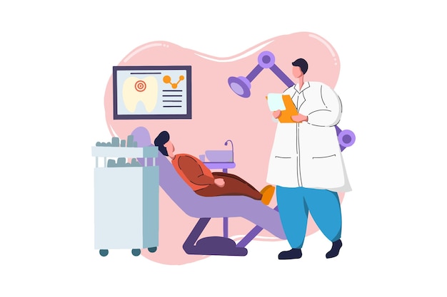 Vector dentist working on patient medical web illustration