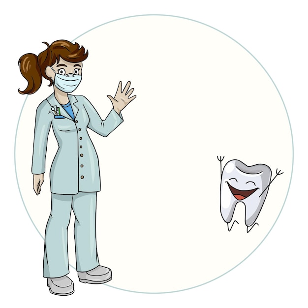 Dentista woman smiles a cheerful character tooth take care of their health vector