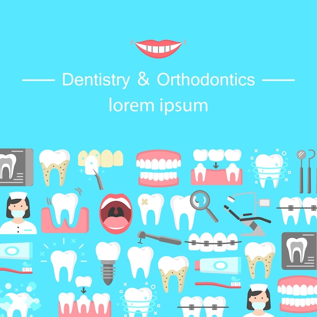 Стоматология и ортодонтия плоские иконки баннер
