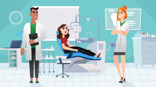 Vector dentistry concept with people scene in the background cartoon style