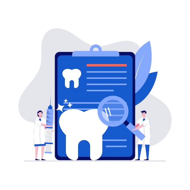 Vector dentistry examination illustration concept with doctor dentist, nurse and a big tooth.