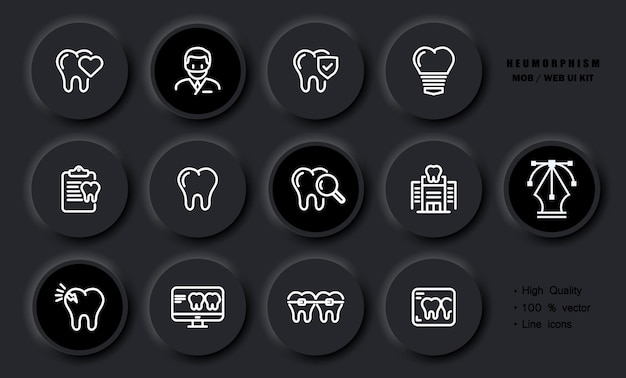 Vector dentistry set icon tooth dentist heart veneer treatment protocol magnifying glass caries cracked enamel x rays braces prescription healthcare concept neomorphism style vector line icon