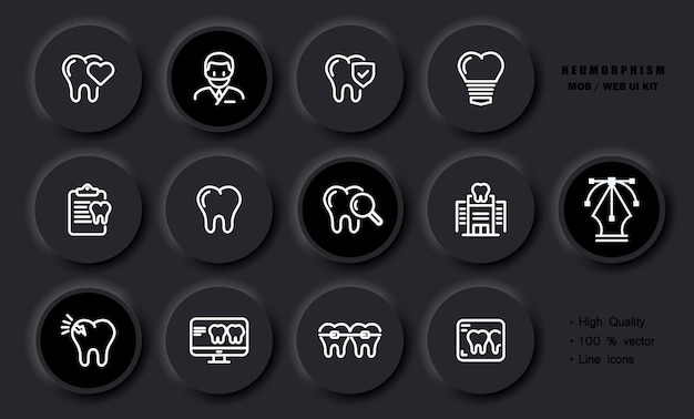 Dentistry set icon tooth dentist heart veneer treatment protocol magnifying glass caries cracked enamel x rays braces prescription healthcare concept neomorphism style vector line icon