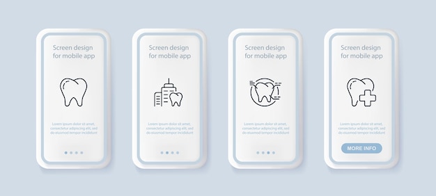 치과 세트 아이콘 치아 에나멜 치과 치료 처방전 병원 하얀 미소 충치 구강학 개념 UI 전화 앱 화면 비즈니스 및 광고용 벡터 라인 아이콘