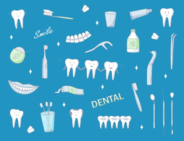 Вектор Стоматологический набор икон для рисунков векторная иллюстрация элементов для лечения и ухода за зубами стоматологические инструменты зубы с эмоциями