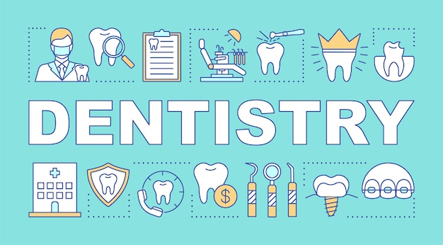 Insegna di concetti di parola di odontoiatria. cure odontoiatriche, prevenzione della carie, dentista, check up, apparecchi ortodontici. presentazione, sito web. idea di tipografia scritta isolata con icone lineari. illustrazione di contorno vettoriale