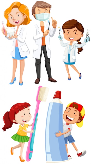 Vector dentists and children with toothbrush