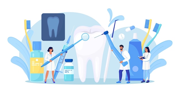 Vector dentists cleaning and treating big unhealthy tooth with caries cavity. toothache. stomatology, dentistry concept. doctors with professional instruments for check up and treatment. dentist appointment