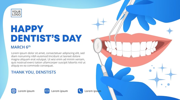 Vettore design della bandiera del giorno dei dentisti con i denti controllati