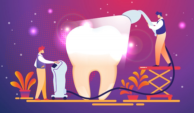 Vector dentists put light curing filling on huge tooth.