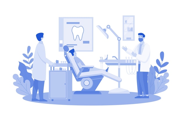 Vector dentists treating patients' teeth in the clinic