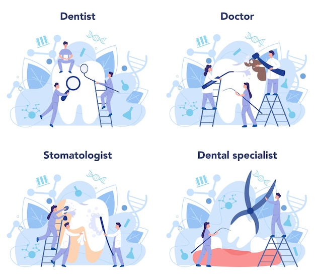 Dentists in uniform treat tooth using medical equipment set