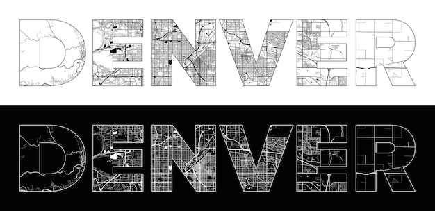 デンバー都市名アメリカ合衆国北アメリカ黒白い都市地図イラスト